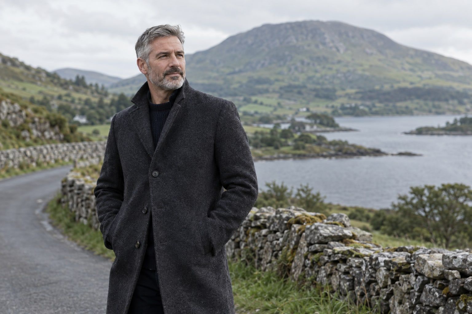 A man in a charcoal wool overcoat on a stone-walled country road beside a lake.