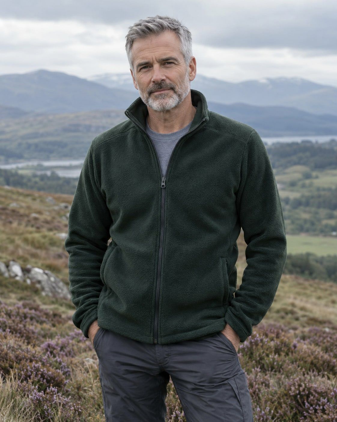 A man in a forest green fleece jacket on a heather-covered hill.