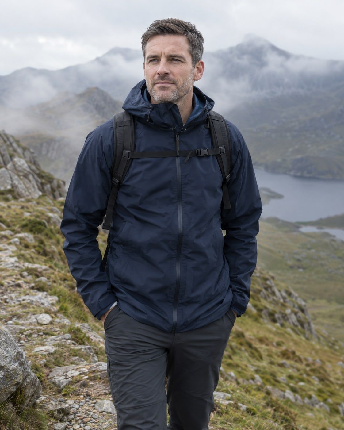 A hillwalker in a navy shell jacket with a small rucksack on a mountain ridge path.