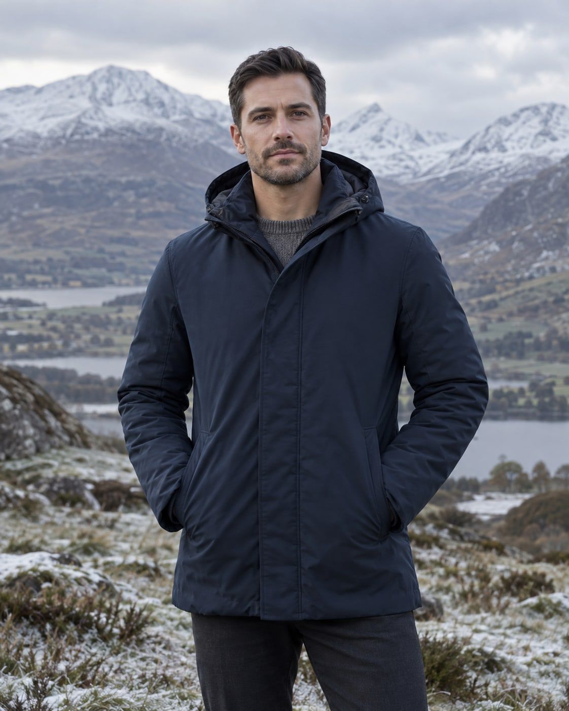 A man in a dark navy parka with the hood down standing in front of snow-dusted mountains.
