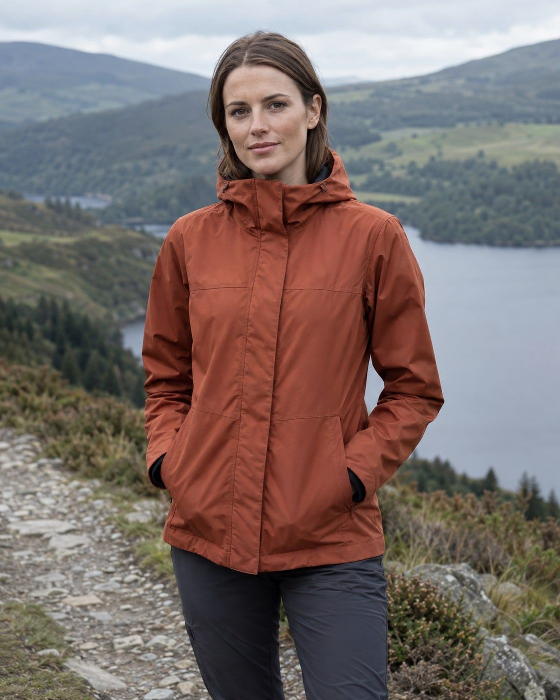 A woman in a rust-coloured hooded jacket standing on a hill path above a lake.