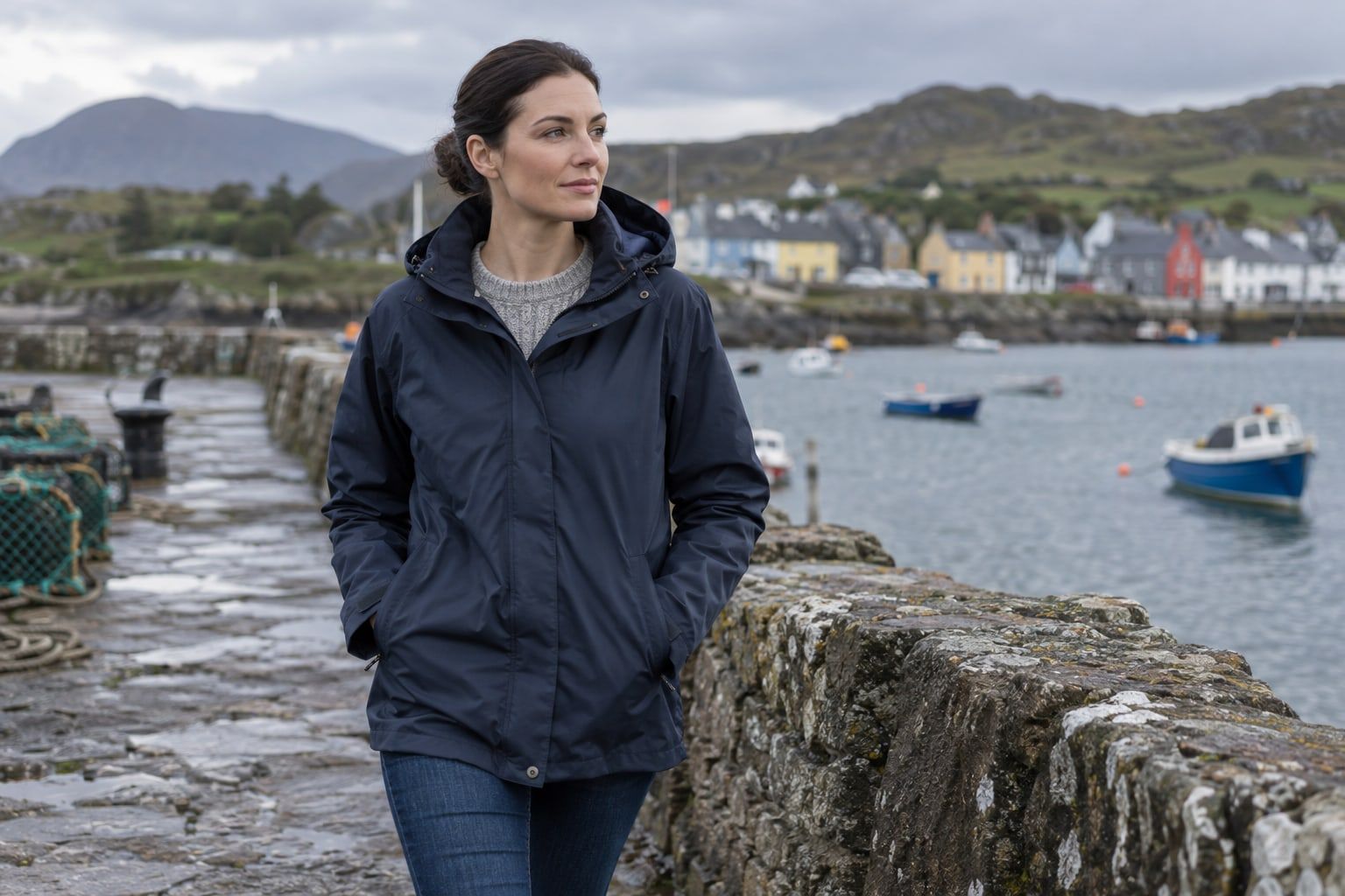 A woman in a plain navy rain jacket walks along a wet stone harbour wall under a grey sky.