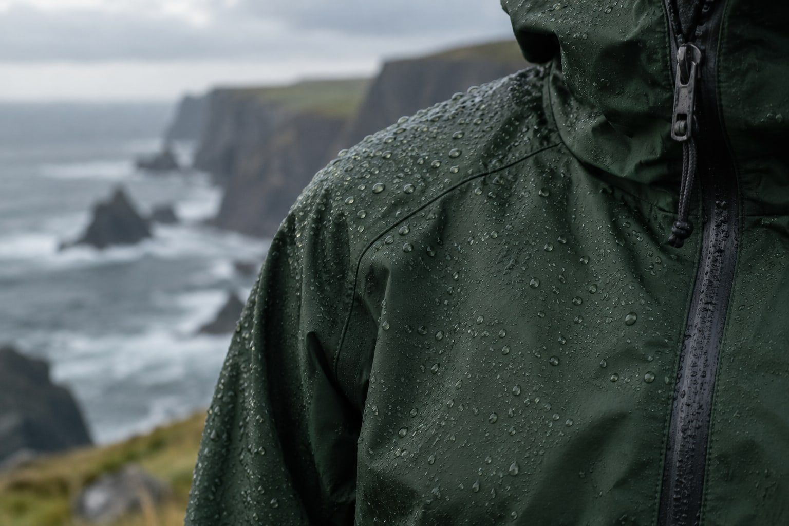 Close-up of rain beading on the shoulder of a dark green waterproof jacket.
