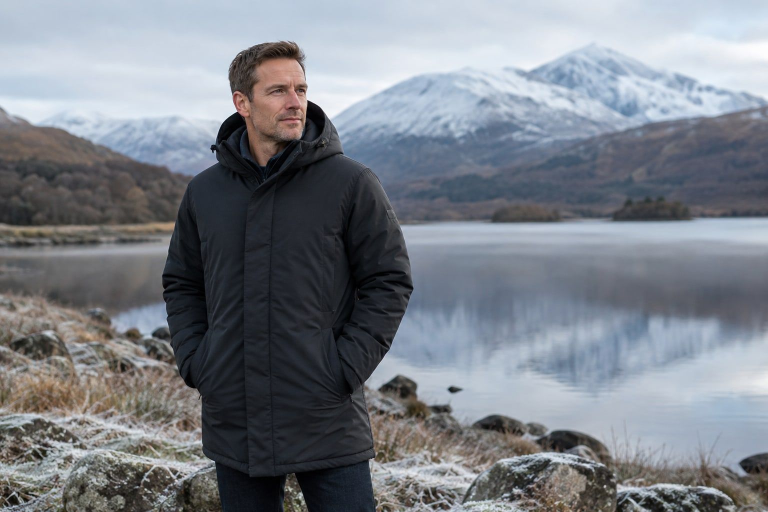 A man in a dark insulated parka stands beside a frosty lake with mountains behind.