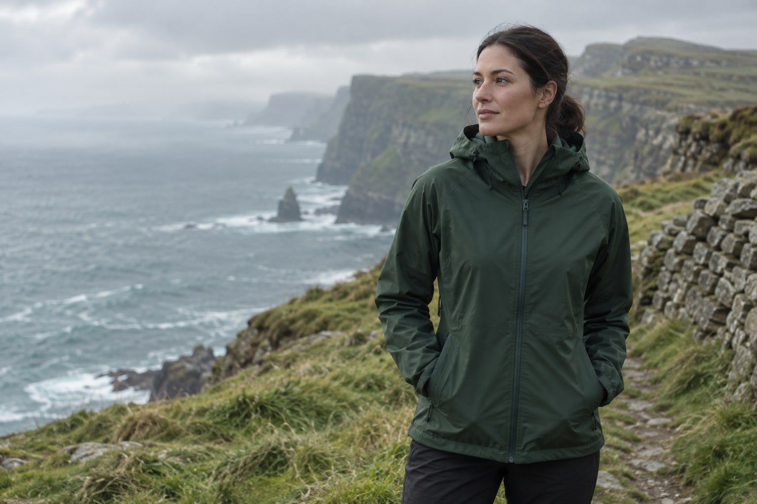 A woman in a dark green hooded waterproof jacket on an Atlantic clifftop path beside a stone wall.